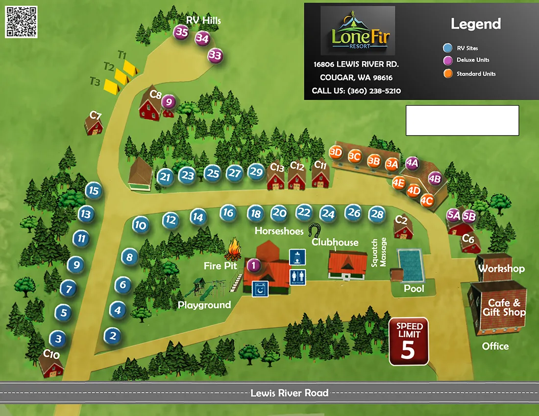 Lone Fir Resort Map | Cougar Washington Cabin Rentals, Tent Sites, and RV Sites